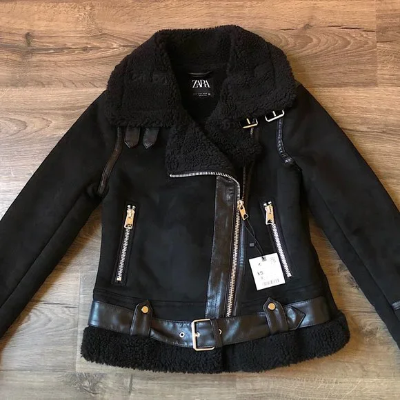 ZARA WOMEN BLACK DOUBLE FACED FAUX SUEDE MOTO JACKET SIZE XS NWT - Picture 11 of 12